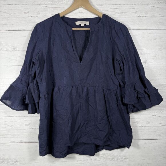 Ann Taylor Loft Womens Size Small Blue Cotton Bell Sleeve Blouse - Picture 1 of 6